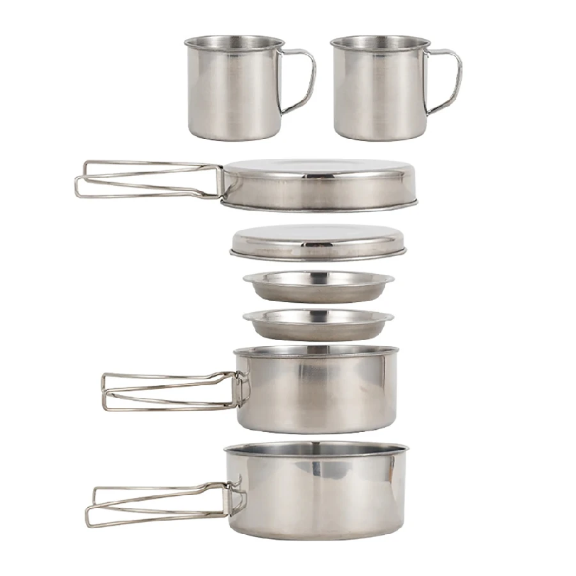 Camping Cooking Unit - 8個/セット キャンプ調理器具セット ステンレス製調理鍋とフライパンセット プレートとカップ付き アウトドアハイキングバックパッキング用