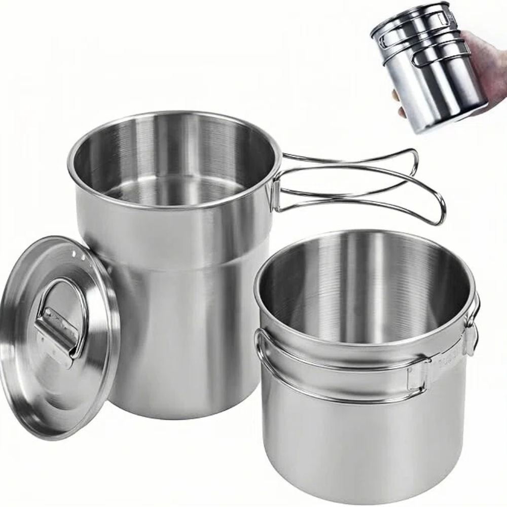 Camping Outdoor Cooking Set - 折りたたみ式キャンプカップマグカップキャンプポット調理器具304食品グレード屋外キャンプクッキングセット（通気蓋付き、ステンレス鋼バックパック）