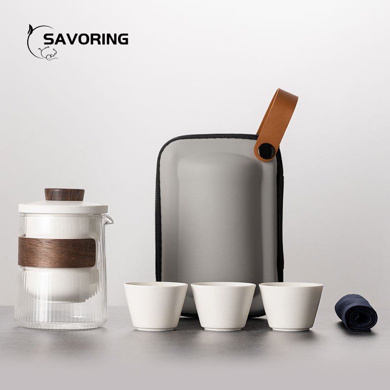 Camping Cooking Bowl - シンプルな中国製陶磁器茶器セット、ポット1個、カップ3個、バッグ付き、旅行用茶器セット、キャンプ用磁器茶碗、茶道用蓋碗カップツール