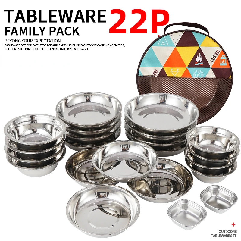 Camping Cooking And Dining Set - 22点セットの携帯用キャンプ食器セット。屋外バーベキュー、車中泊、家庭での料理に最適な、スープ鍋、ボウル、皿のセット。