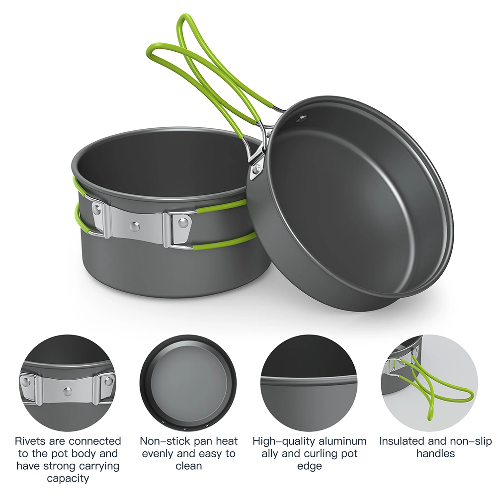 Camping Cooking And Dining Set - 屋外調理用鍋 キャンプ用具セット 2～3人用 4点セット 硬質アルミニウム合金素材 屋外用コンビネーションポータブル鍋セット