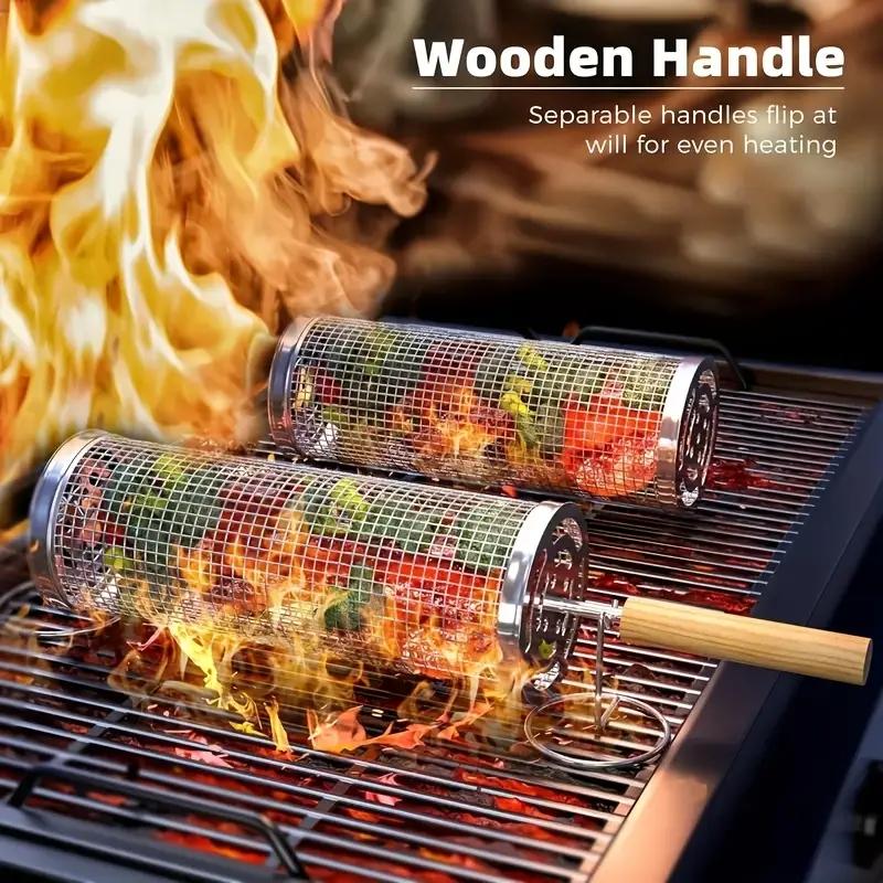 Camping Cooking Area - ステンレス製BBQグリルバスケット、丸型回転シリンダーケージ、肉・野菜・魚用ワイヤーメッシュ回転ラック、屋外キャンプピクニック用
