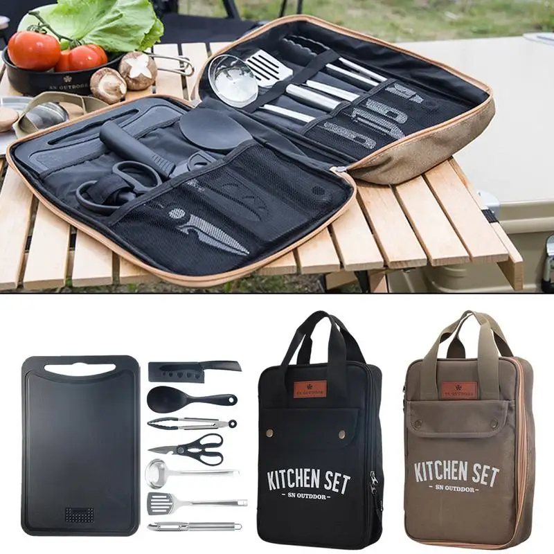 Camping Cooking Unit - 8点セット キャンプキッチン調理器具セット ポータブル屋外旅行用具 ステンレス製調理・グリルセット バーベキューピクニック用