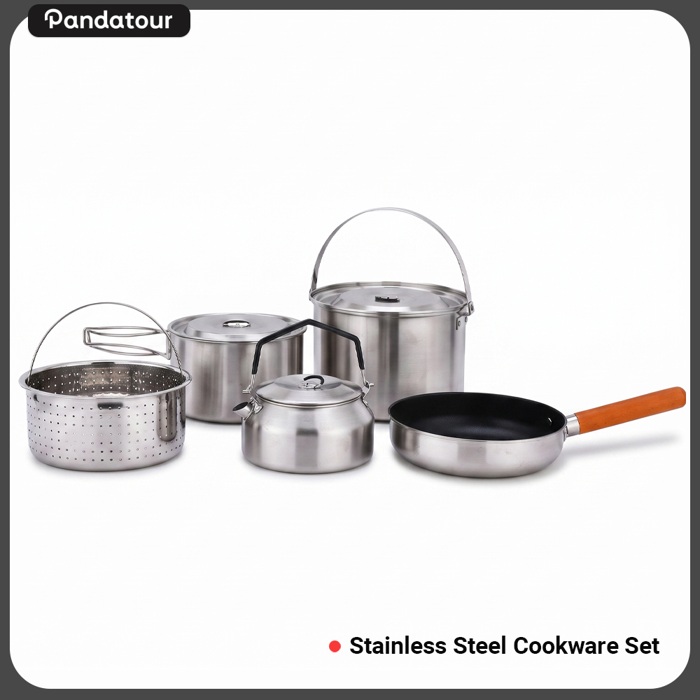 Camping Outdoor Cooking Set - Pandatour アウトドアキャンプ用5点ステンレス製調理器具セット 折りたたみ式ポータブル スープポット、ストレーナーバスケット、ケトル、フライパン付き