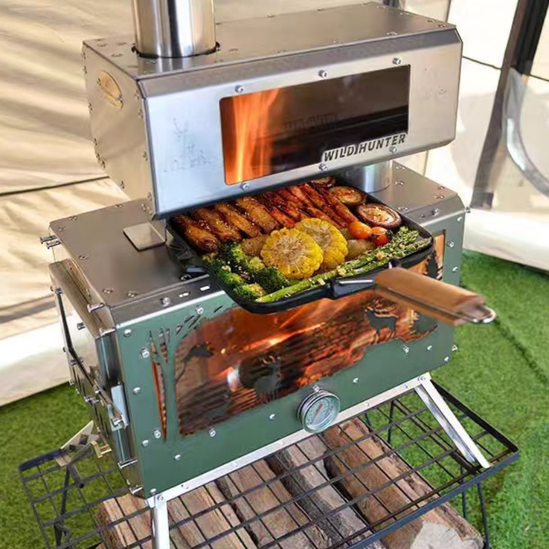 Camping Cooking Area - キャンプ用薪ストーブ 両面火観察機能付き暖房ストーブ 煙突付き調理台
