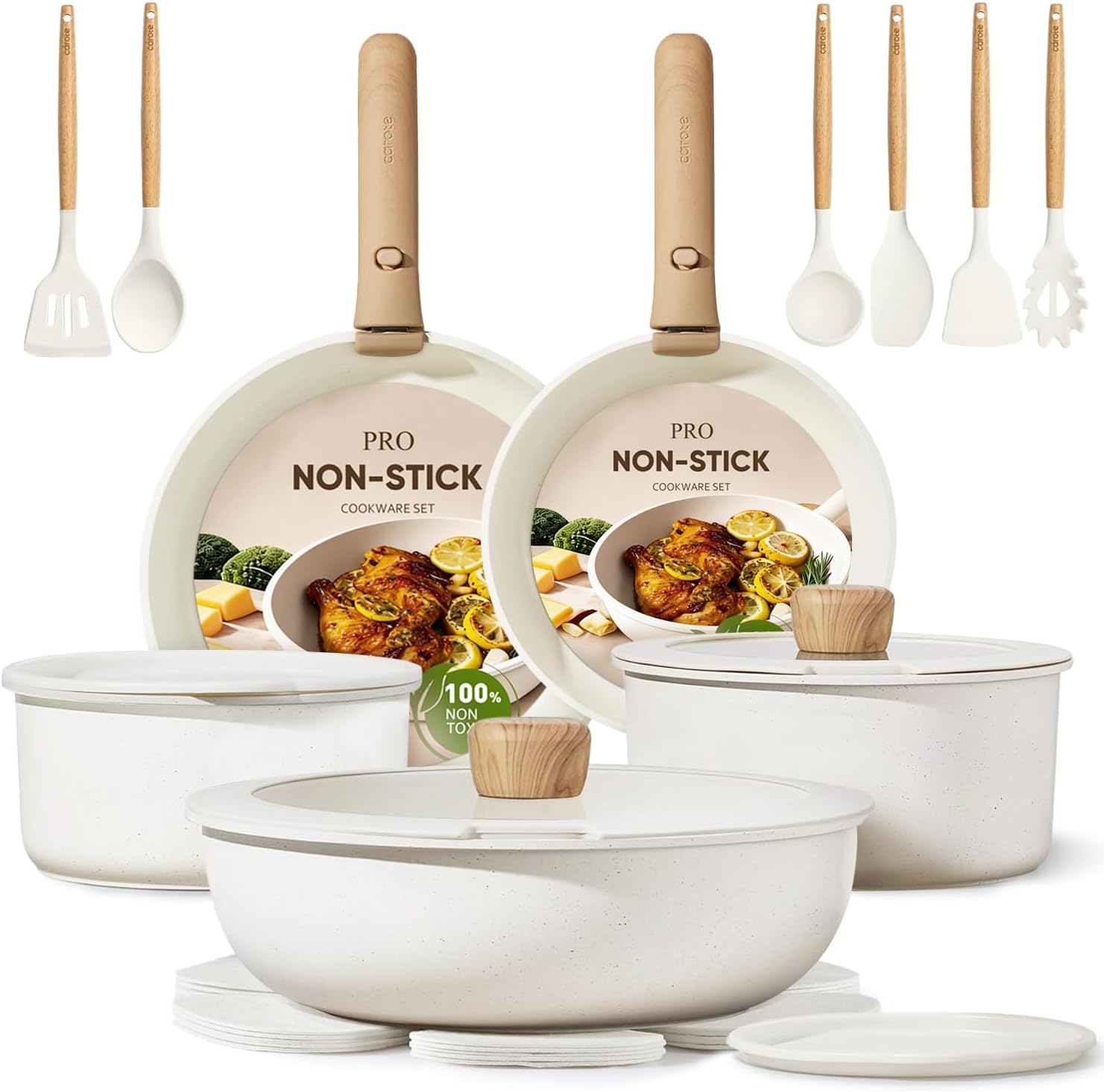 Camping Cooking Set Detachable Handle - 21点調理器具セット ノンスティック鍋フライパン 取り外し可能なハンドル IH対応 食洗機・オーブン対応 省スペース