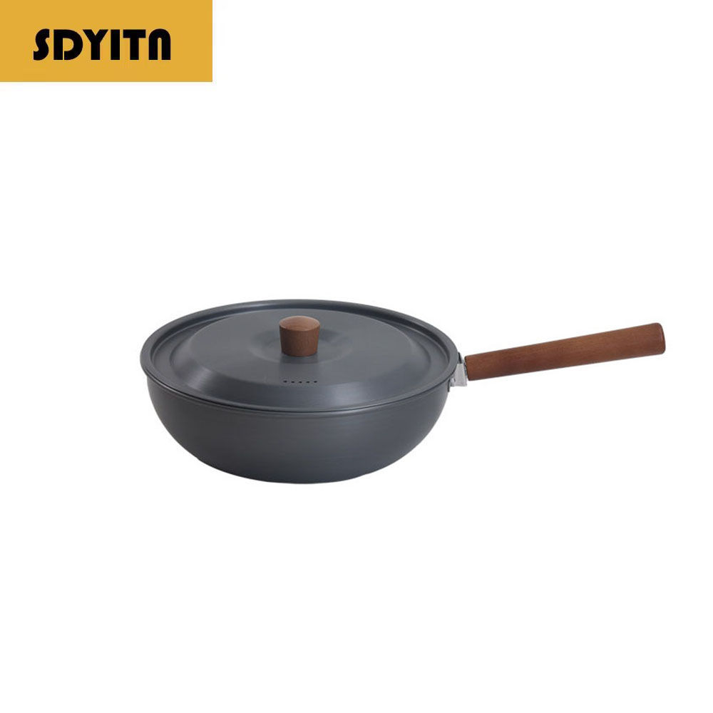 Camping Cooking Set Detachable Handle - 屋外用アルミ合金中華鍋、取り外し可能な木製ハンドル付き、キャンプ、ピクニック、家庭用に持ち運び可能、中華風調理鍋