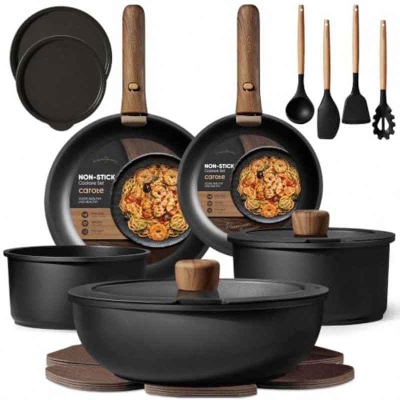 Camping Cooking Set Detachable Handle - 19点セット ノンスティック鍋フライパンセット、取り外し可能なハンドル付き調理器具セット、IH対応、食器洗い機・オーブン対応、省スペース、キャンプ/RV/旅行用、キッチン調理セット、ブラック