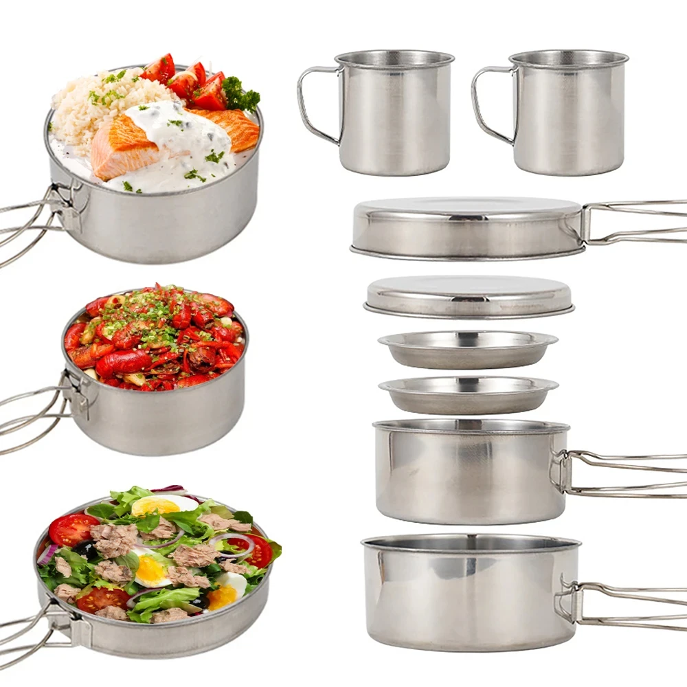 8個/セット キャンプ調理器具セット ステンレス製鍋とフライ - Camping Cooking Unit のレビューと価格