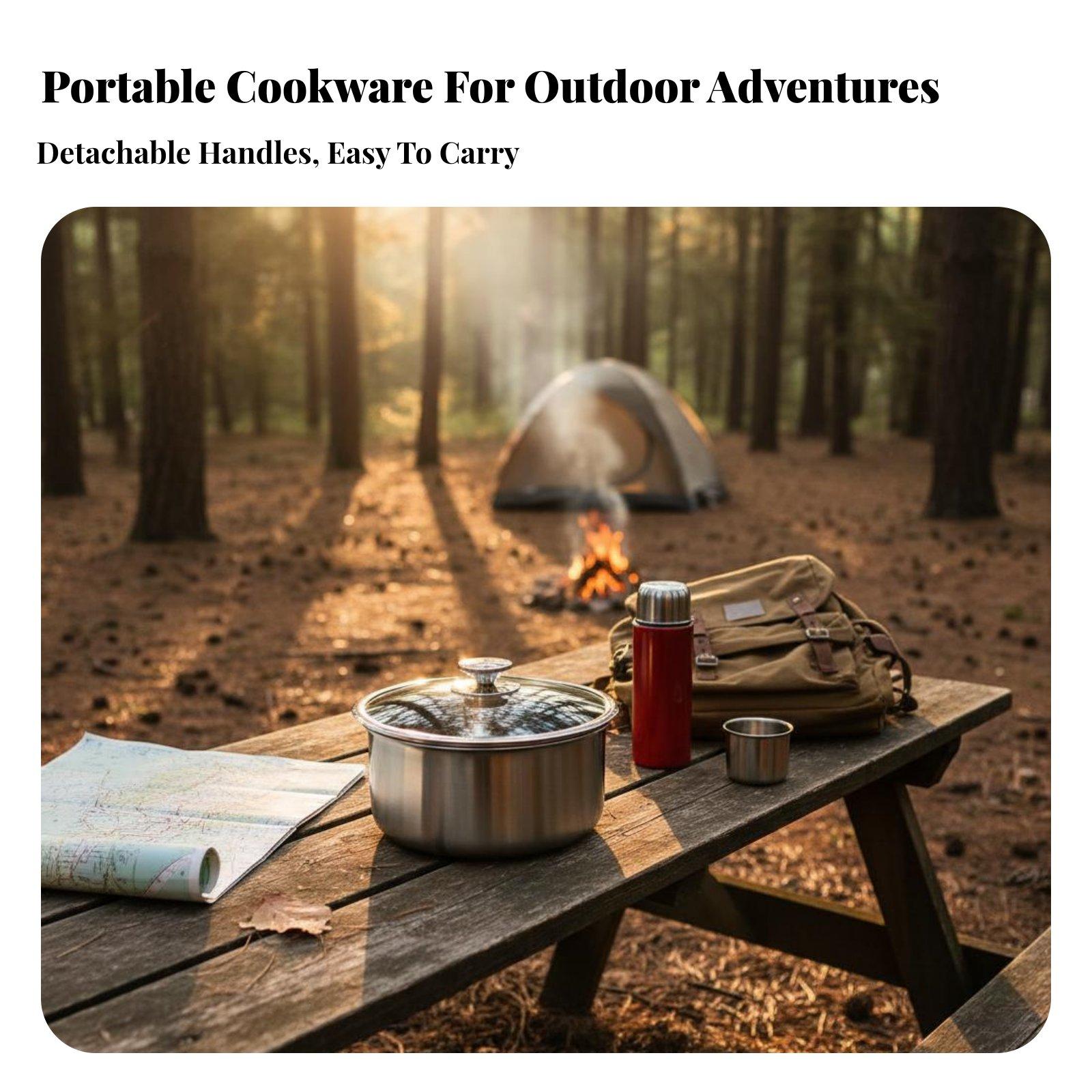 キャンプ用調理セット ステンレス製フライパン ストックポット - Camping Cooking Set Detachable Handle のレビューと価格