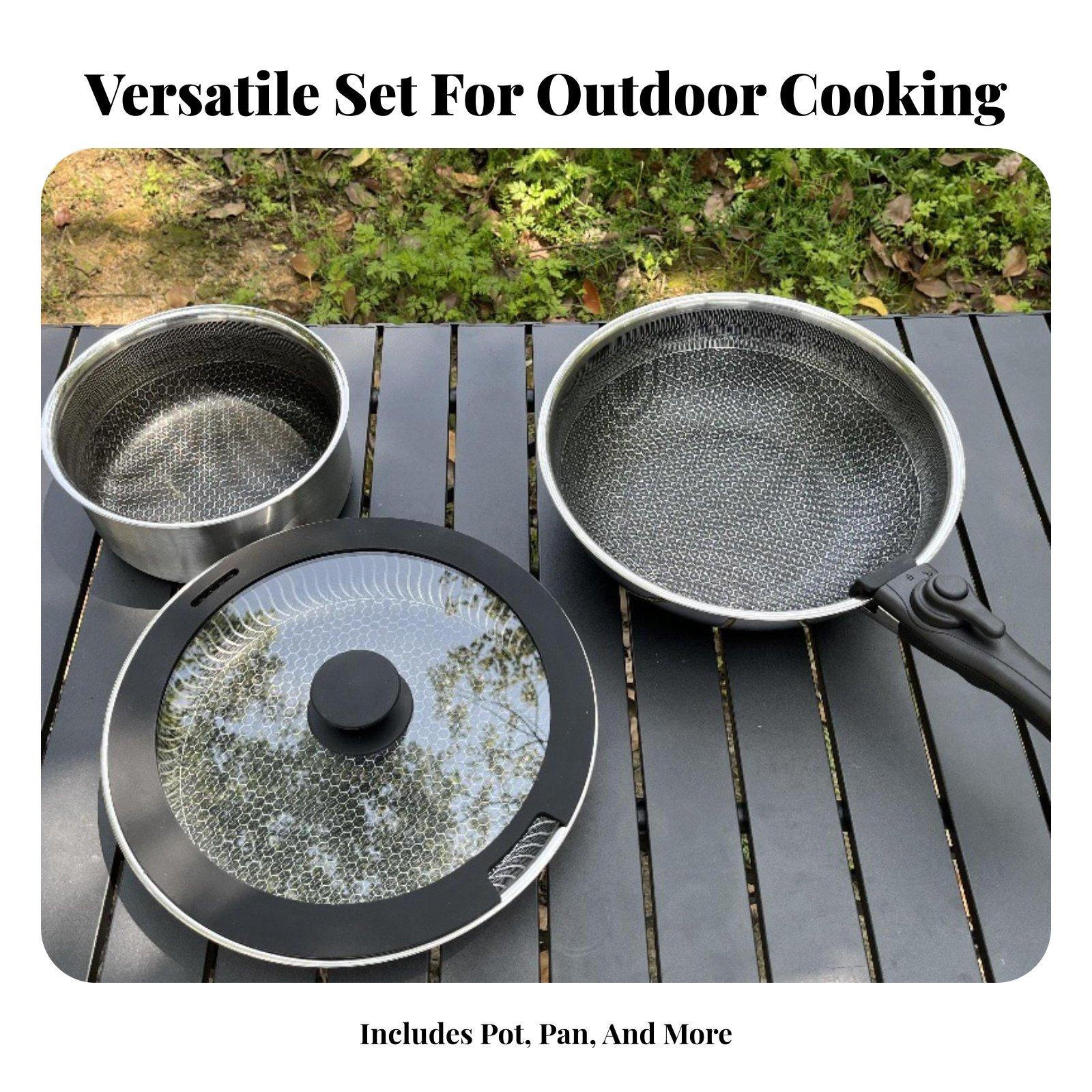 キャンプ用調理セット ステンレス製フライパン ストックポット - Camping Cooking Set Detachable Handle のレビューと価格