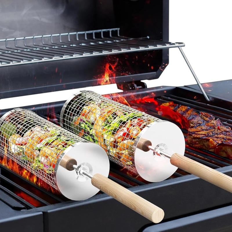 ステンレス製BBQグリルバスケット、丸型回転シリンダーケージ - Camping Cooking Area のレビューと価格