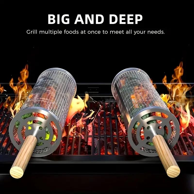 ステンレス製BBQグリルバスケット、丸型回転シリンダーケージ - Camping Cooking Area のレビューと価格