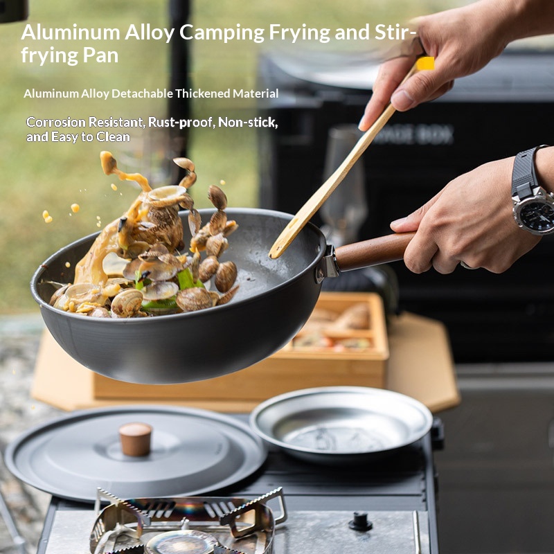 屋外用アルミ合金中華鍋、取り外し可能な木製ハンドル付き、キャ - Camping Cooking Set Detachable Handle のレビューと価格